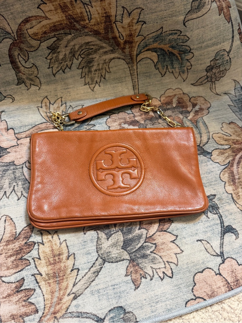 Tory Burch Cognac Leather Logo Clutch with Chain Strap